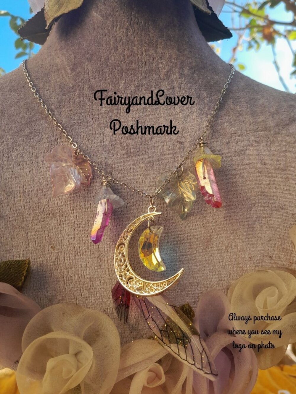 Fairy Wing Moon twilight quartz necklace, ren faire fairy costume accessory gift